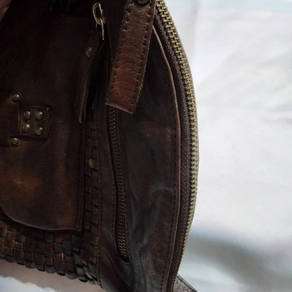 VTG Brown Woven Leather Crossbody‎ Bag Studded Boho Messenger Made in India READ